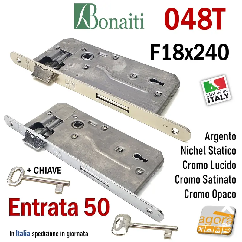 SERRATURA PORTA PATENT FRONTALE 18x240mm BONAITI 048T E50 I90 +CHIAVE CROMO