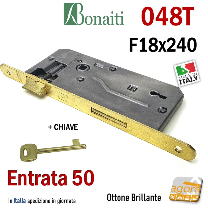 SERRATURA PORTA PATENT FRONTALE 18x240mm BONAITI 048T E50 I90 +CHIAVE OTTONE