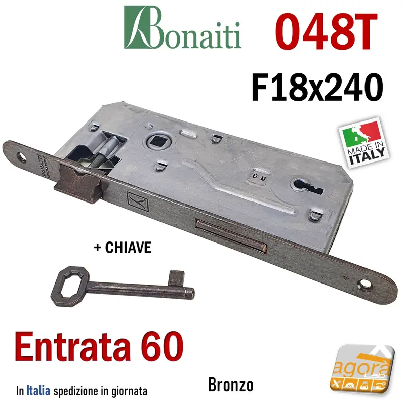 SERRATURA PORTA PATENT FRONTALE 18x240mm BONAITI 048T E60 I90 +CHIAVE BRONZO