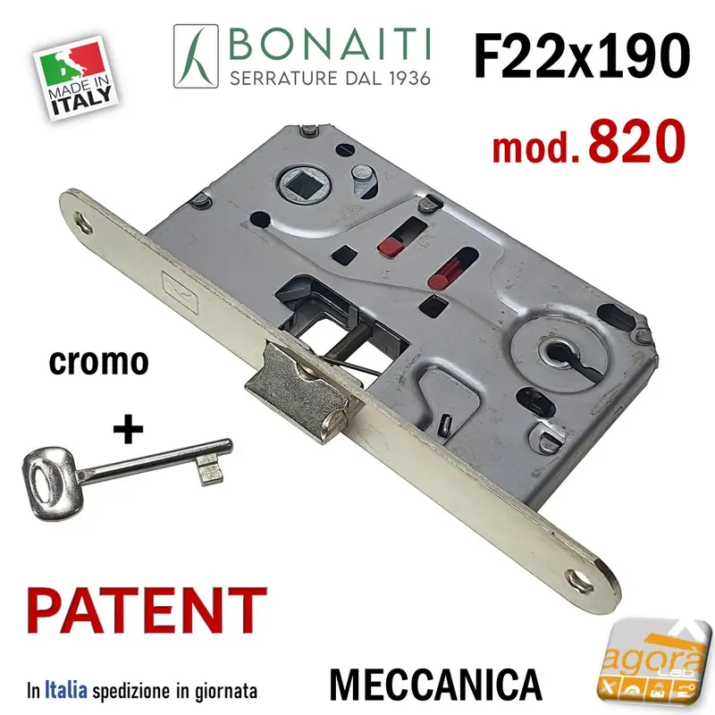 SERRATURA PORTA PATENT FRONTALE 22x190mm BONAITI 820 E50 I90 CROMO CHIAVE