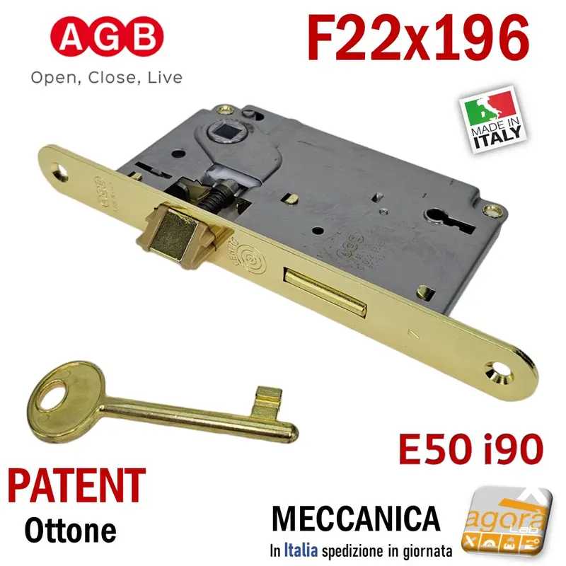 SERRATURA PORTA PATENT FRONTALE 22x196mm AGB CENTRO E50 INT90 OTTONE LUC
