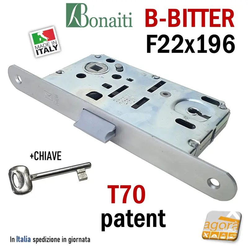 SERRATURA PORTA PATENT FRONTALE 22x196mm BONAITI B-BITTER T70 ARGENTO CROMO CHIAVE