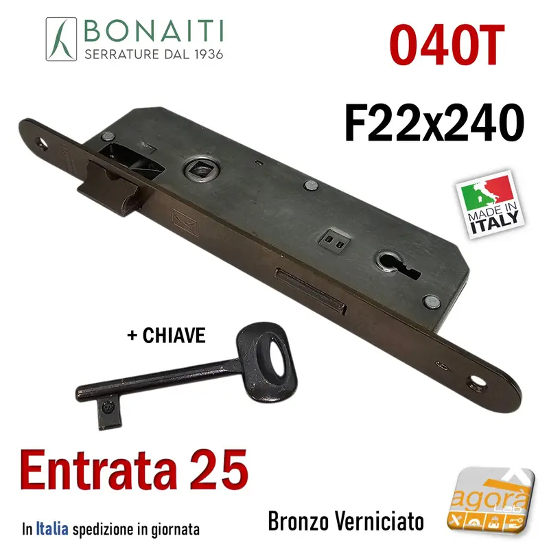 SERRATURA PORTA PATENT FRONTALE 22x240mm BONAITI 040T BRONZO E25 I90 +CHIAVE