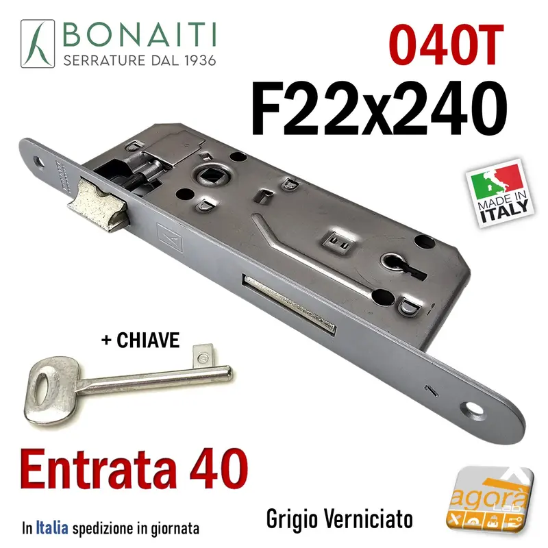 SERRATURA PORTA PATENT FRONTALE 22x240mm BONAITI 040T E40 I90 CROMO +CHIAVE
