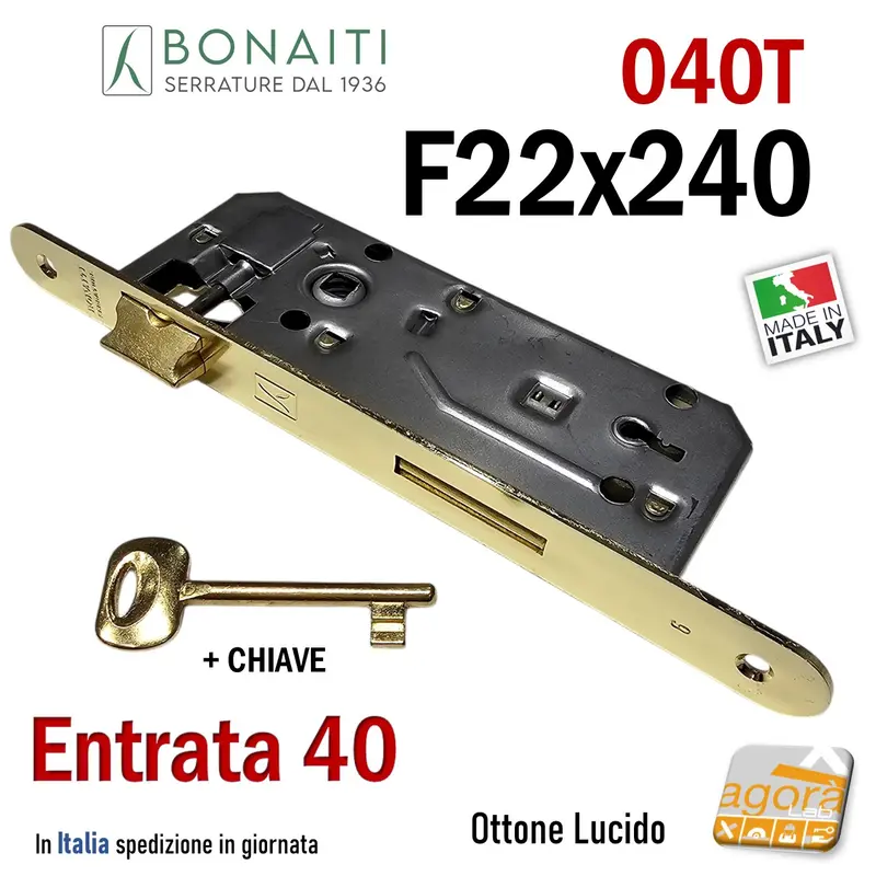 SERRATURA PORTA PATENT FRONTALE 22x240mm BONAITI 040T E40 I90 OTTONE +CHIAVE