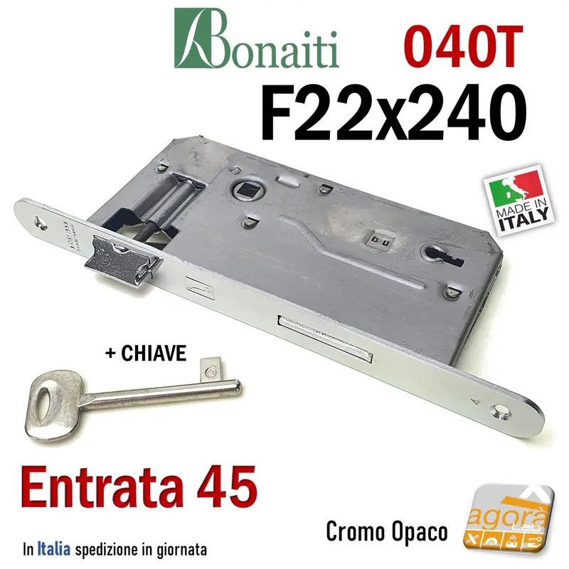 SERRATURA PORTA PATENT FRONTALE 22x240mm BONAITI 040T E45 I90 CROMO OP +CHIAVE
