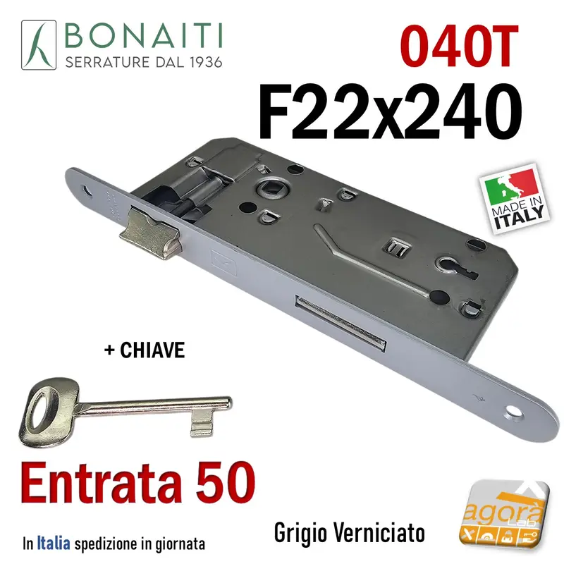 SERRATURA PORTA PATENT FRONTALE 22x240mm BONAITI 040T E50 I90 CROMO OP +CHIAVE