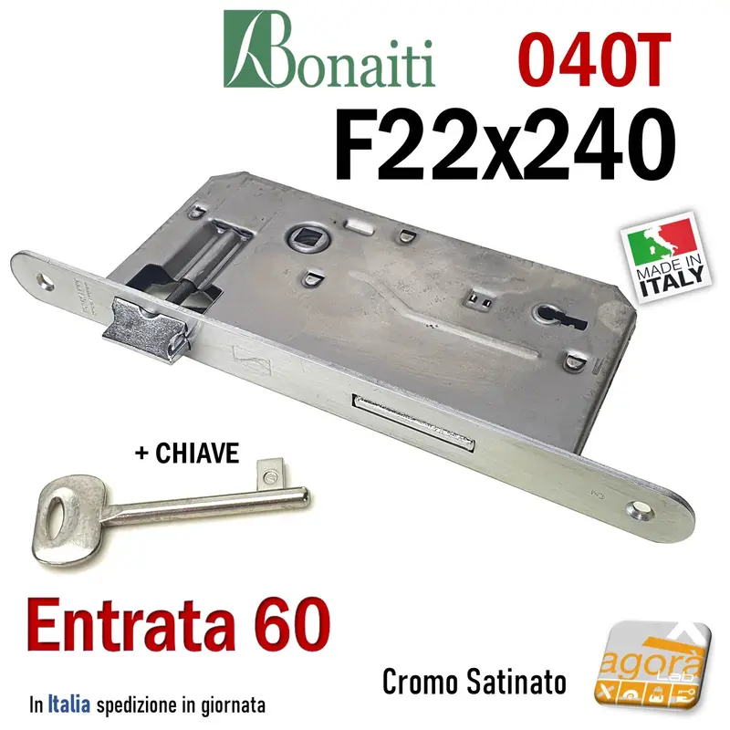 SERRATURA PORTA PATENT FRONTALE 22x240mm BONAITI 040T E60 I90 CROMO +CHIAVE