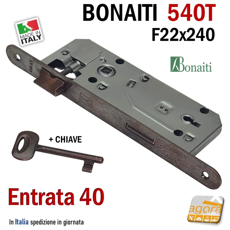 SERRATURA PORTA PATENT FRONTALE 22x240mm BONAITI 540T-40 BRONZO +CHIAVE E40 I90 OKAY BRONZATA