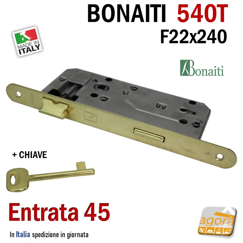 SERRATURA PORTA PATENT FRONTALE 22x240mm BONAITI 540T-45 OTTONE+CHIAVE E45 I90 OKAY