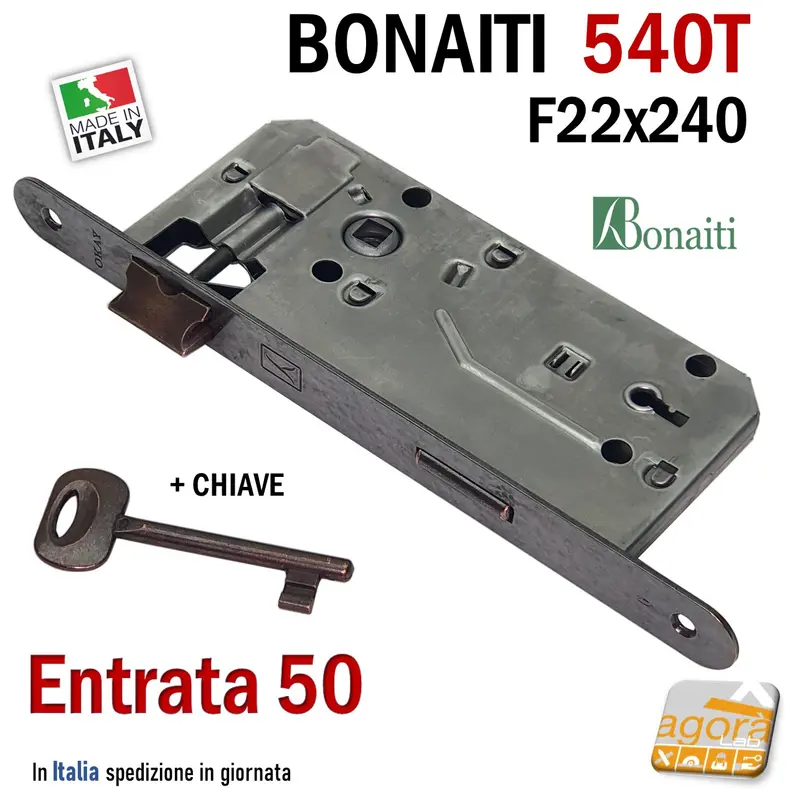 SERRATURA PORTA PATENT FRONTALE 22x240mm BONAITI 540T-50 BRONZO +CHIAVE E50 I90 OKAY