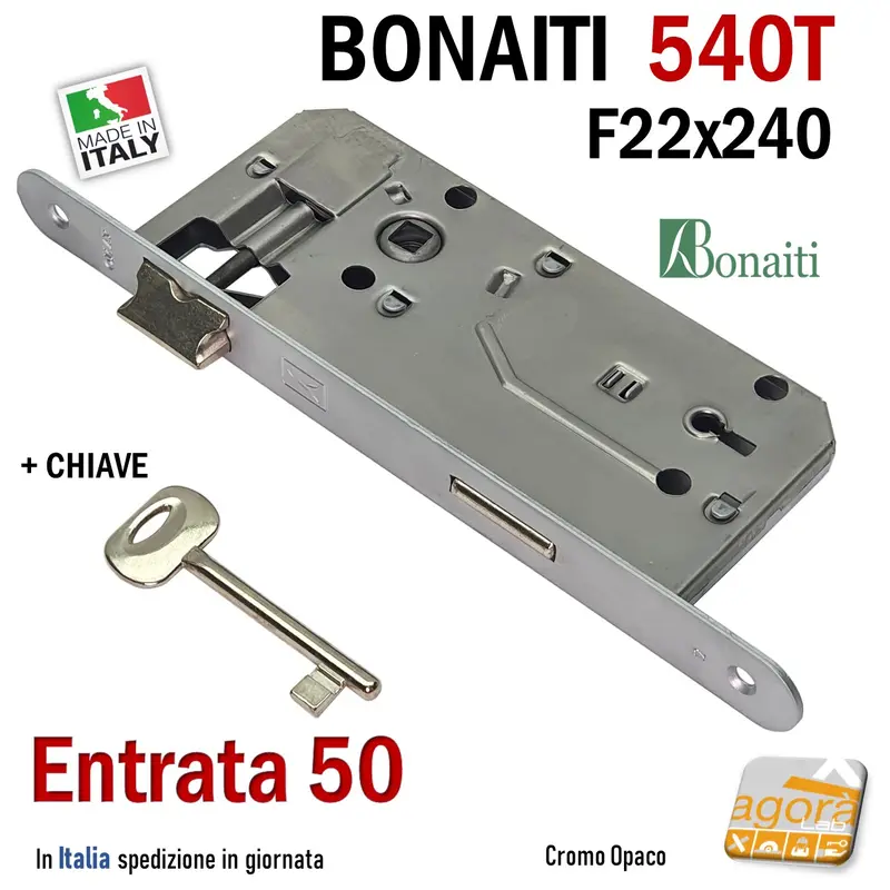 SERRATURA PORTA PATENT FRONTALE 22x240mm BONAITI 540T-50 CROMO OPACO +CHIAVE E50 I90 OKAY ARGENTO
