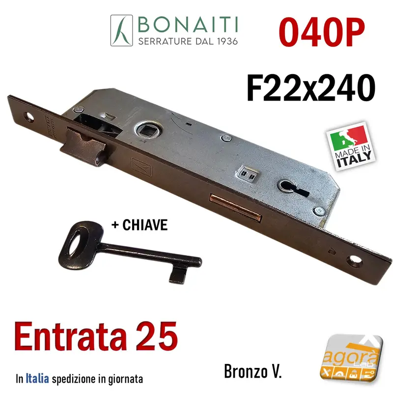 SERRATURA PORTA PATENT FRONTALE 22x240mm RETTANGOLARE BONAITI 040P BRONZO E25 I90 +CHIAVE