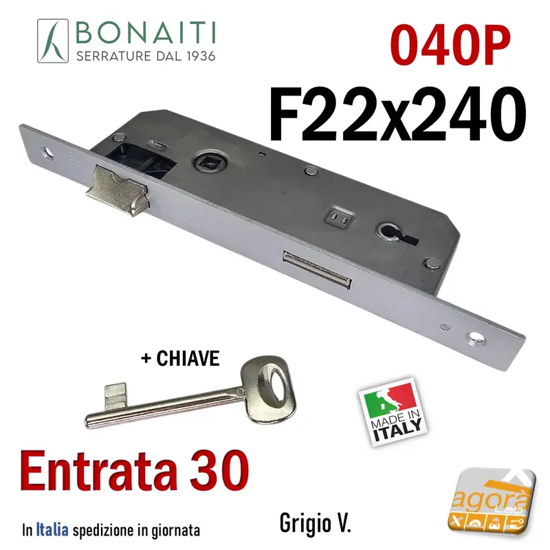 SERRATURA PORTA PATENT FRONTALE 22x240mm RETTANGOLARE BONAITI 040P E30 I90 CROMO SAT +CHIAVE