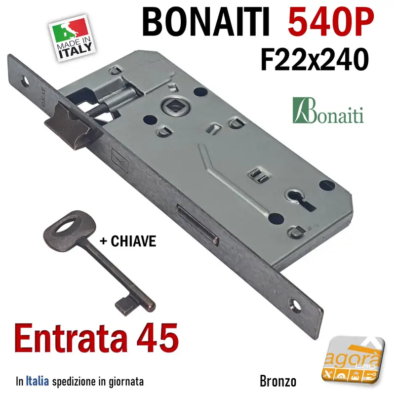 SERRATURA PORTA PATENT FRONTALE 22x240mm RETTANGOLARE BONAITI 540P BRONZO E45 I90 OKAY +CHIAVE