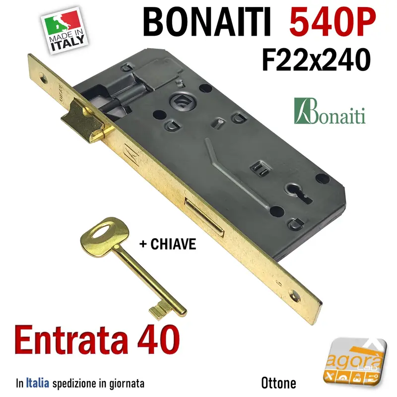 SERRATURA PORTA PATENT FRONTALE 22x240mm RETTANGOLARE BONAITI 540P OTTONE E40 I90 OKAY +CHIAVE