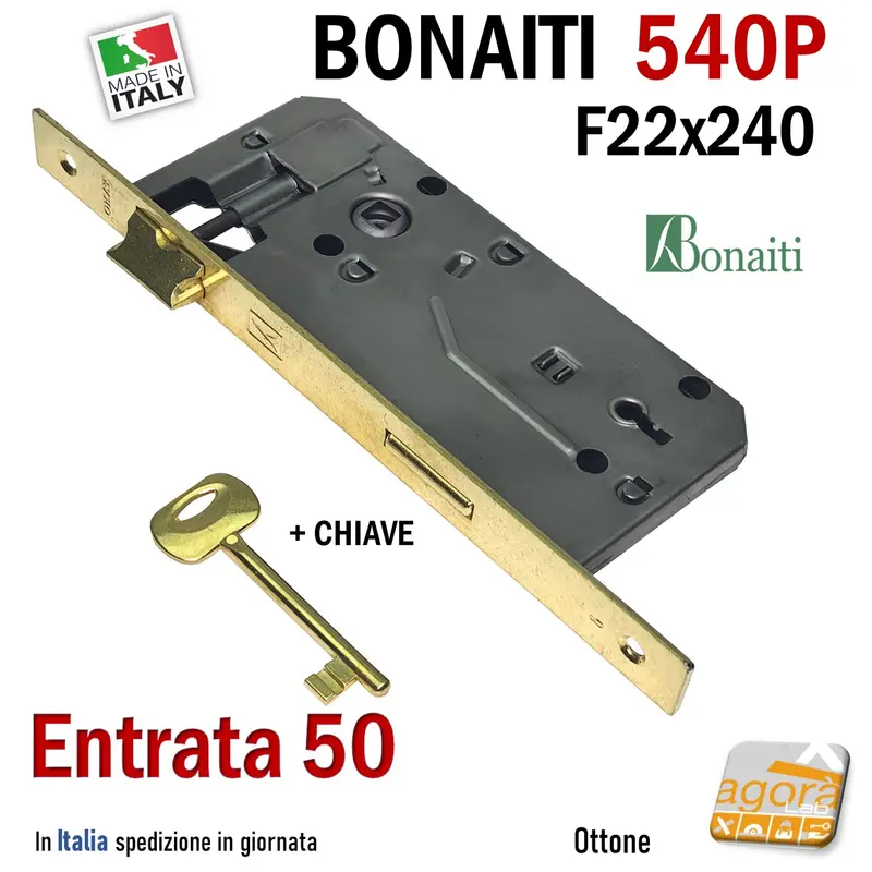 SERRATURA PORTA PATENT FRONTALE 22x240mm RETTANGOLARE BONAITI 540P OTTONE E50 I90 OKAY +CHIAVE