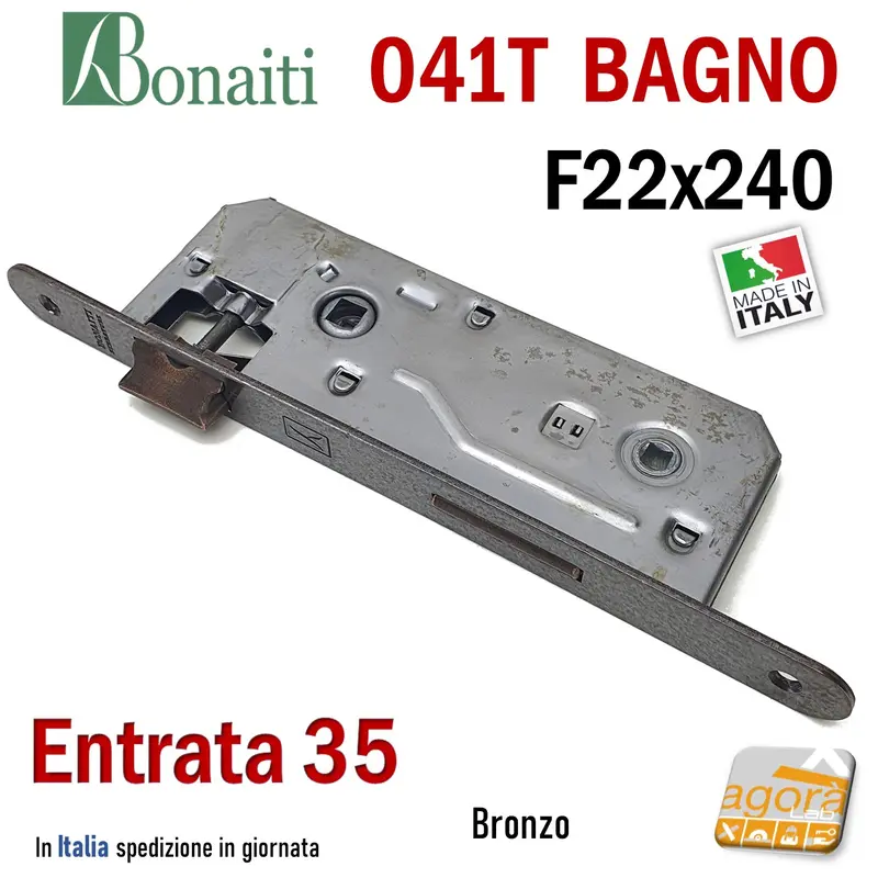 SERRATURA PORTA PATENT GRANDE BAGNO FRONTALE 22x240mm BONAITI 041T-35 BRONZO E35 I90