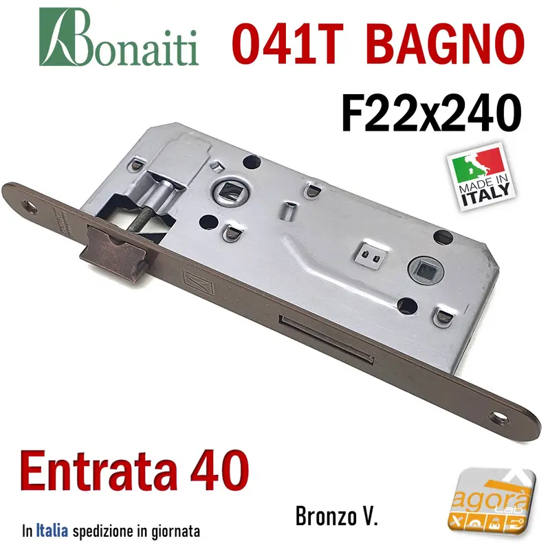 SERRATURA PORTA PATENT GRANDE BAGNO FRONTALE 22x240mm BONAITI 041T-40 BRONZO E40 I90