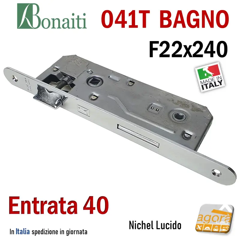SERRATURA PORTA PATENT GRANDE BAGNO FRONTALE 22x240mm BONAITI 041T-40 CROMO E40 I90