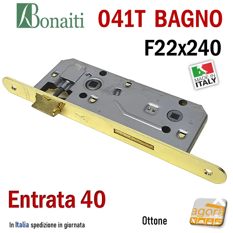 SERRATURA PORTA PATENT GRANDE BAGNO FRONTALE 22x240mm BONAITI 041T-40 OTTONE E40 I90