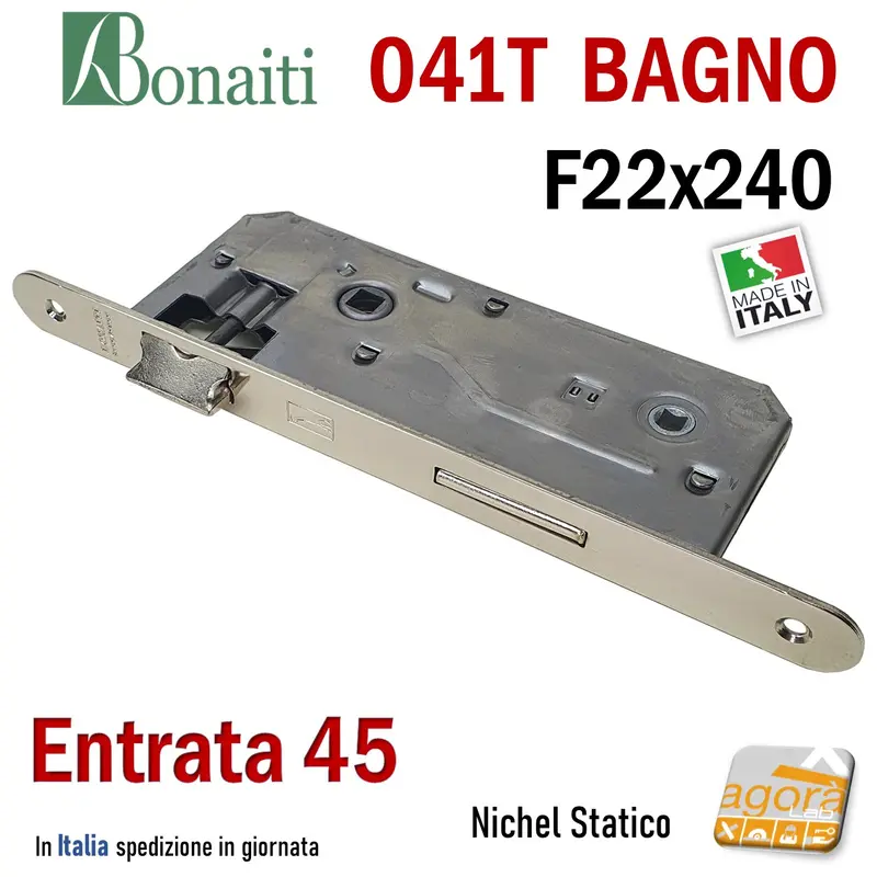 SERRATURA PORTA PATENT GRANDE BAGNO FRONTALE 22x240mm BONAITI 041T-45 CROMO E45 I90