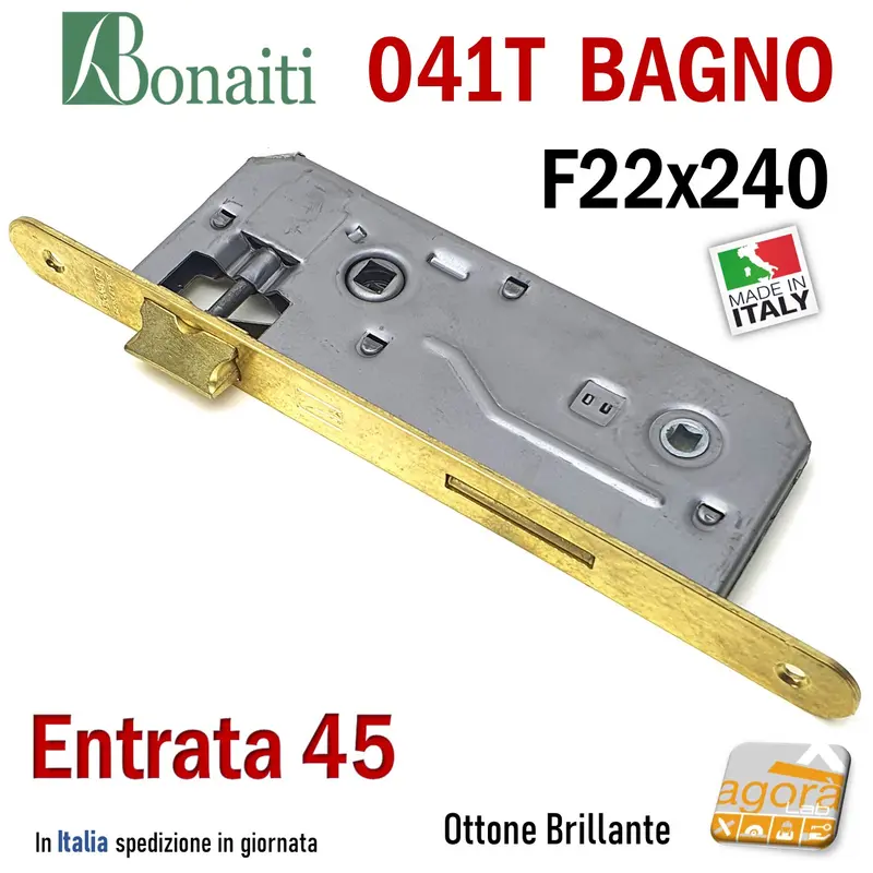 SERRATURA PORTA PATENT GRANDE BAGNO FRONTALE 22x240mm BONAITI 041T-45 OTTONE E45 I90