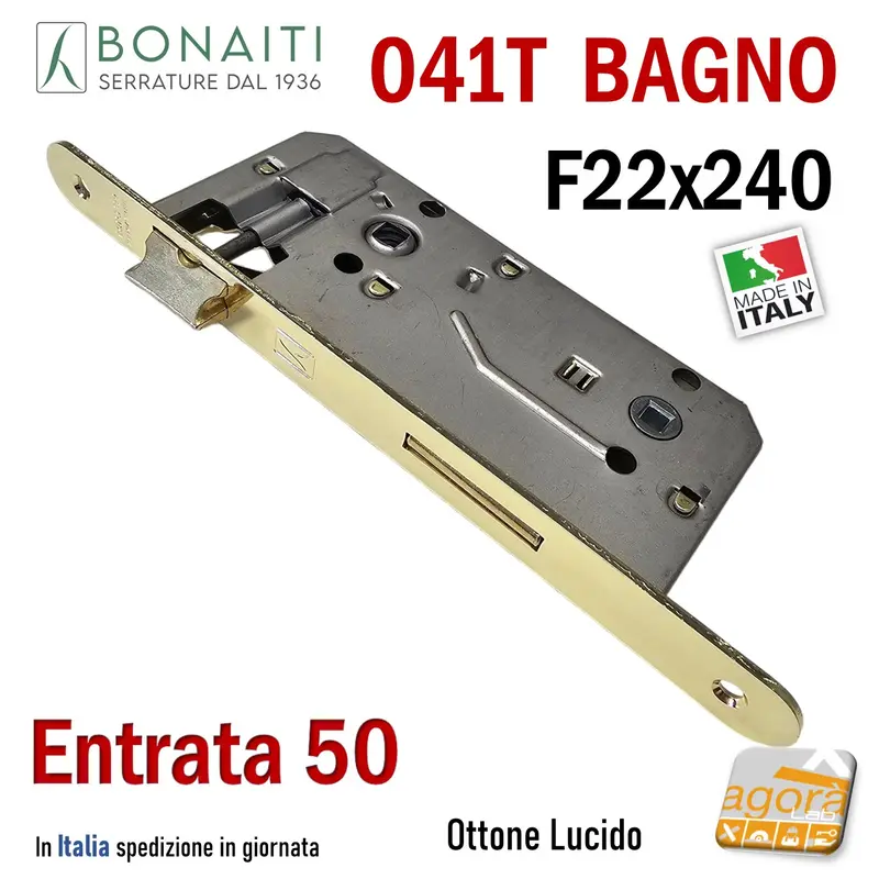 SERRATURA PORTA PATENT GRANDE BAGNO FRONTALE 22x240mm BONAITI 041T-50 OTTONE E50 I90