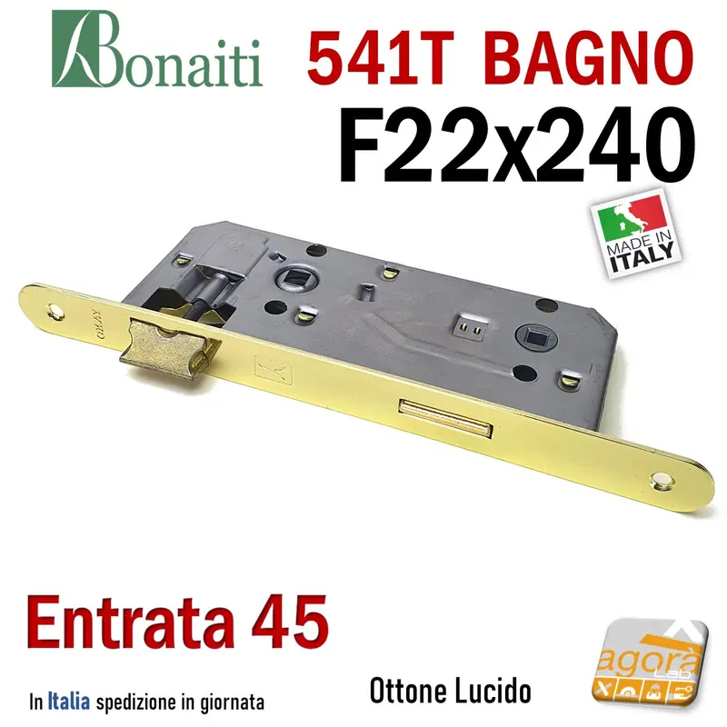 SERRATURA PORTA PATENT GRANDE BAGNO FRONTALE 22x240mm OKAY BONAITI 541T-45 OTTONE E45 I90