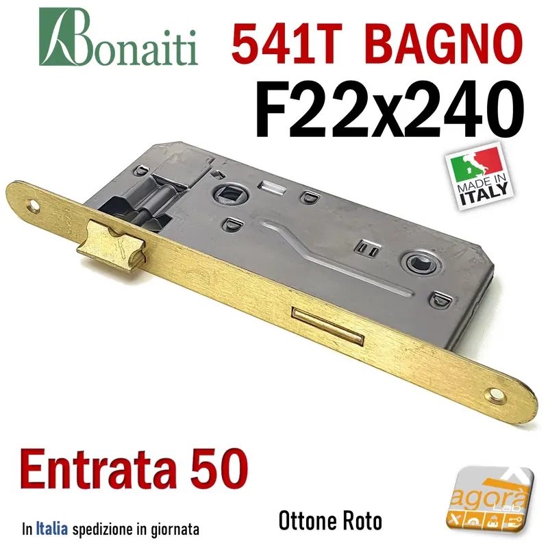 SERRATURA PORTA PATENT GRANDE BAGNO FRONTALE 22x240mm OKAY BONAITI 541T-50 OTTONE E50 I90