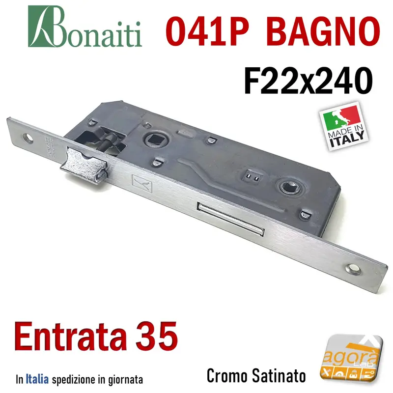 SERRATURA PORTA PATENT GRANDE BAGNO FRONTALE 22x240mm QUADRO BONAITI 041P-35 CROMO E35 I90