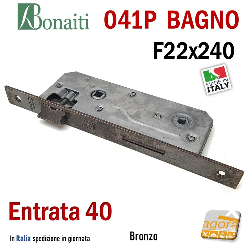 SERRATURA PORTA PATENT GRANDE BAGNO FRONTALE 22x240mm QUADRO BONAITI 041P-40 BRONZO E40 I90