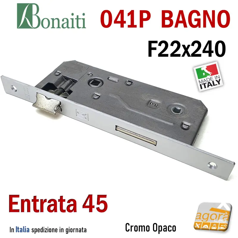 SERRATURA PORTA PATENT GRANDE BAGNO FRONTALE 22x240mm QUADRO BONAITI 041P-45 CROMO E45 I90
