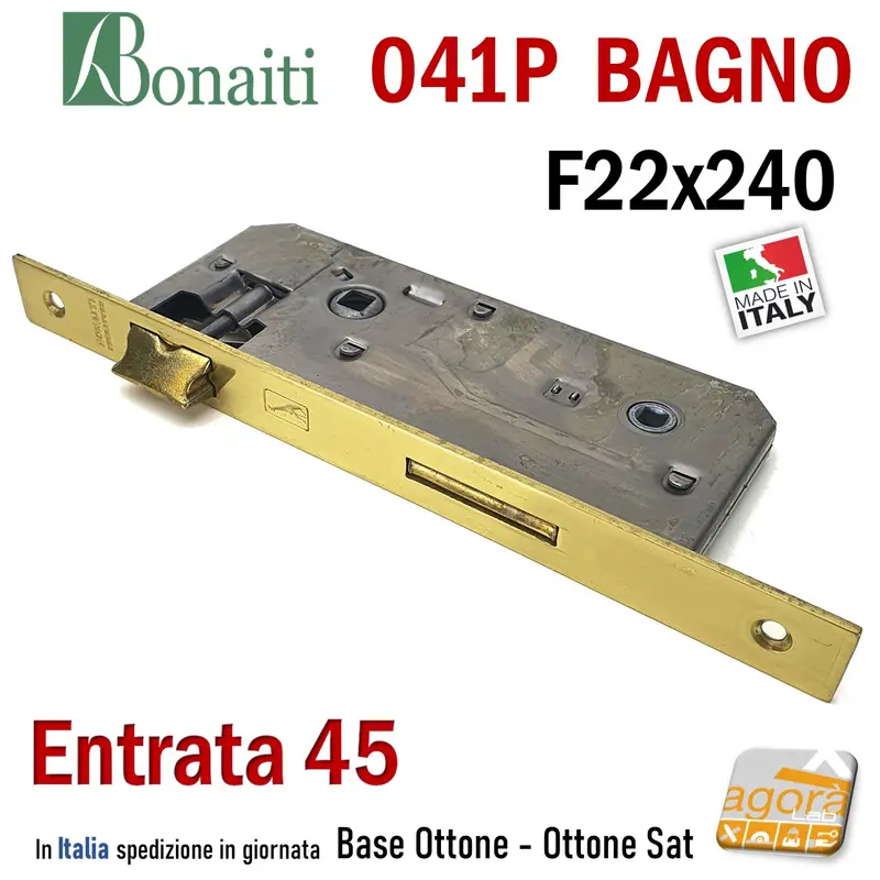 SERRATURA PORTA PATENT GRANDE BAGNO FRONTALE 22x240mm QUADRO BONAITI 041P-45 OTTONE E45 I90