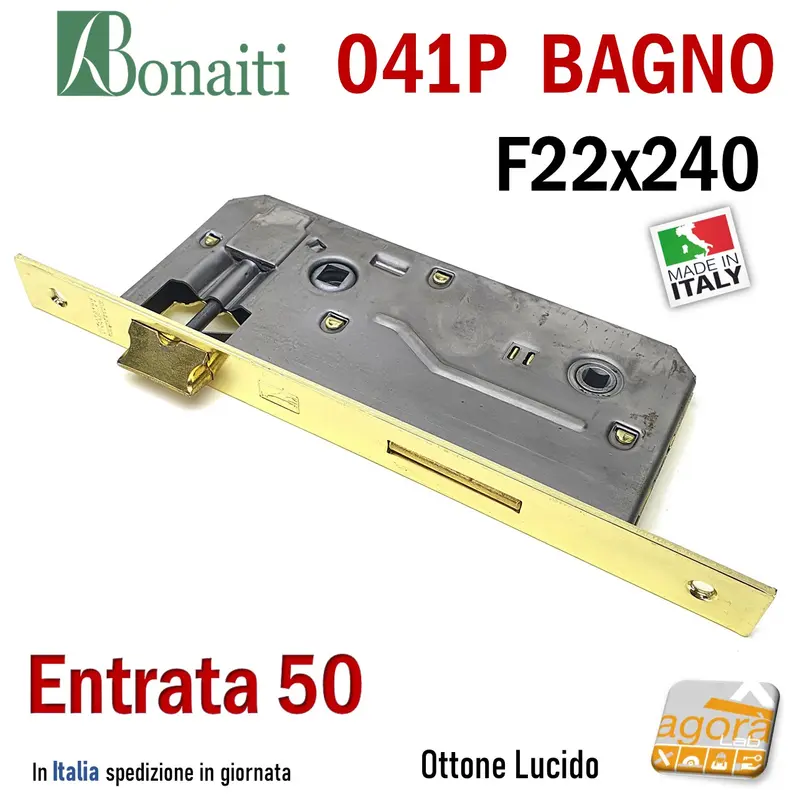 SERRATURA PORTA PATENT GRANDE BAGNO FRONTALE 22x240mm QUADRO BONAITI 041P-50 OTTONE E50 I90