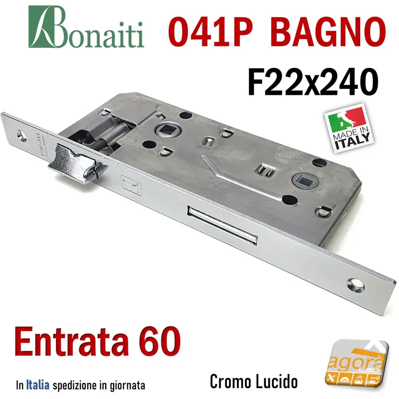 SERRATURA PORTA PATENT GRANDE BAGNO FRONTALE 22x240mm QUADRO BONAITI 041P-60 CROMO E60 I90
