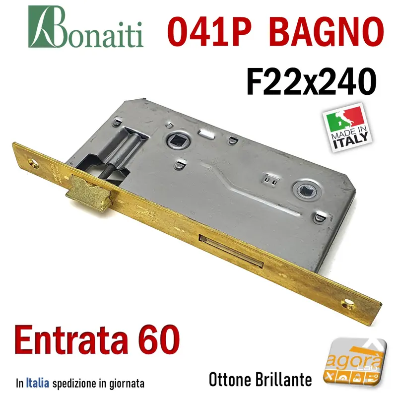 SERRATURA PORTA PATENT GRANDE BAGNO FRONTALE 22x240mm QUADRO BONAITI 041P-60 OTTONE E60 I90