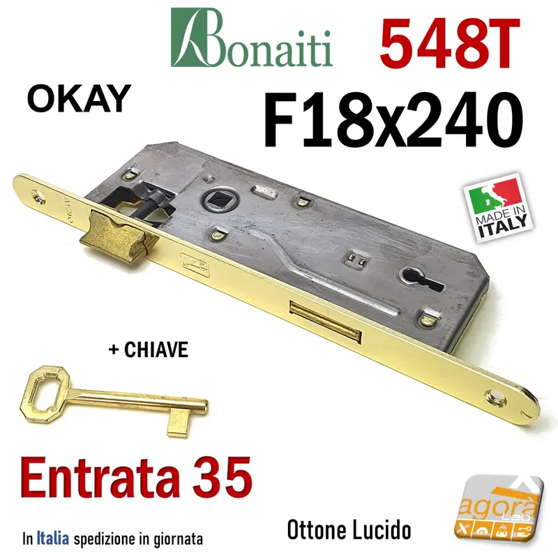 SERRATURA PORTA PATENT OKAY F18x240mm BONAITI 548T + CHIAVE E35 I90 OTTONE