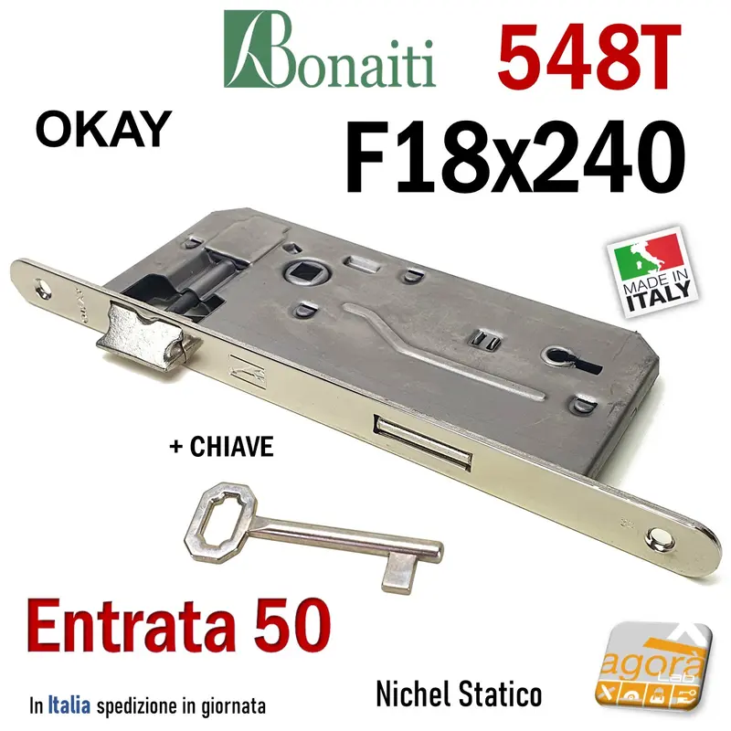 SERRATURA PORTA PATENT OKAY F18x240mm BONAITI 548T + CHIAVE E50 I90 CROMO NICHEL