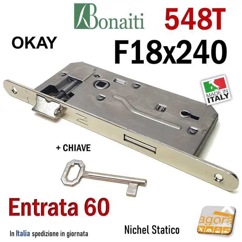 SERRATURA PORTA PATENT OKAY F18x240mm BONAITI 548T + CHIAVE E60 I90 CROMO NICHEL