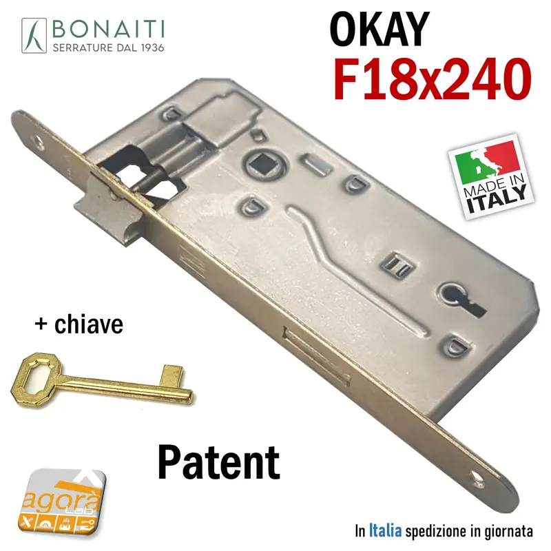 SERRATURA PORTA PATENT OKAY F18x240mm BONAITI 548T OTTONE + CHIAVE E50 I90