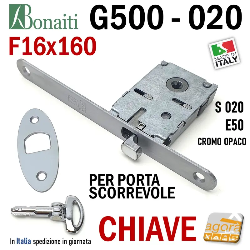 SERRATURA PORTA SCORREVOLE FRONTALE 16x160mm BONAITI 020 G500 CHIAVE PIEGHEVOLE CROMO OPACO E50 GANCIO