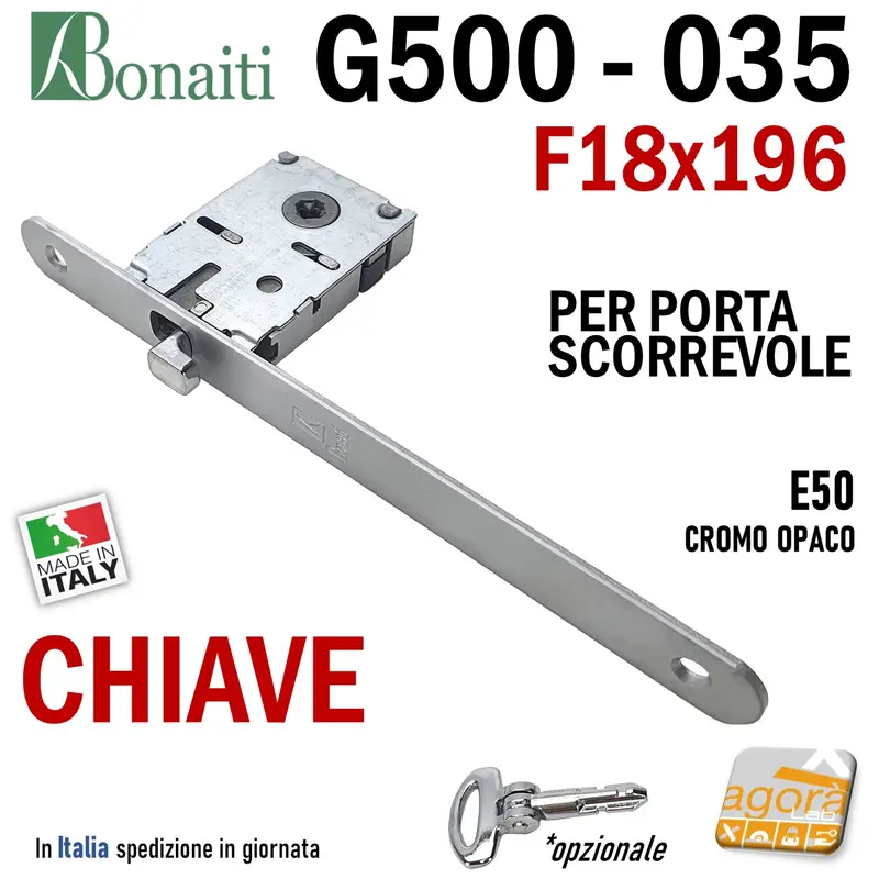 SERRATURA PORTA SCORREVOLE FRONTALE 18x196mm BONAITI G500 - 035 CHIAVE E50 CROMO OPACO