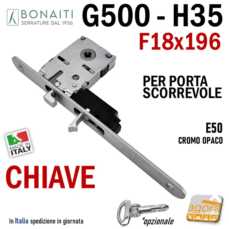SERRATURA PORTA SCORREVOLE FRONTALE 18x196mm BONAITI H35+TIR CHIAVE A SPILLO PIEGHEVOLE CROMO OPACO E50