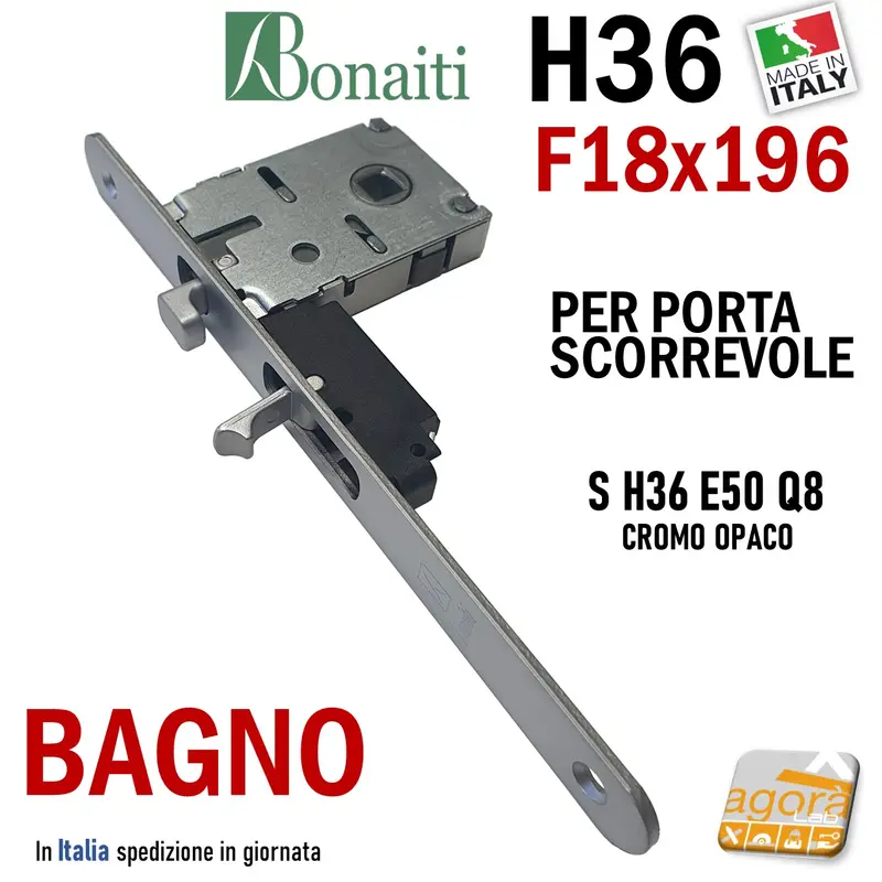 SERRATURA PORTA SCORREVOLE FRONTALE 18x196mm BONAITI H36+TIR X BAGNO WC MONETA LIBERO-OCCUPATO CROMO OPACO Q8 E50