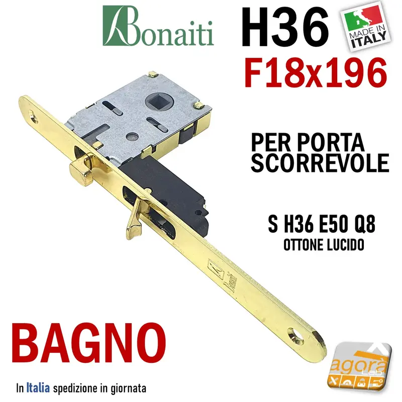 SERRATURA PORTA SCORREVOLE FRONTALE 18x196mm BONAITI H36+TIR X BAGNO WC MONETA LIBERO-OCCUPATO OTTONE Q8 E50