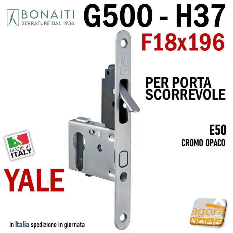 SERRATURA PORTA SCORREVOLE FRONTALE 18x196mm BONAITI H37+TIR YALE CROMO OPACO E50