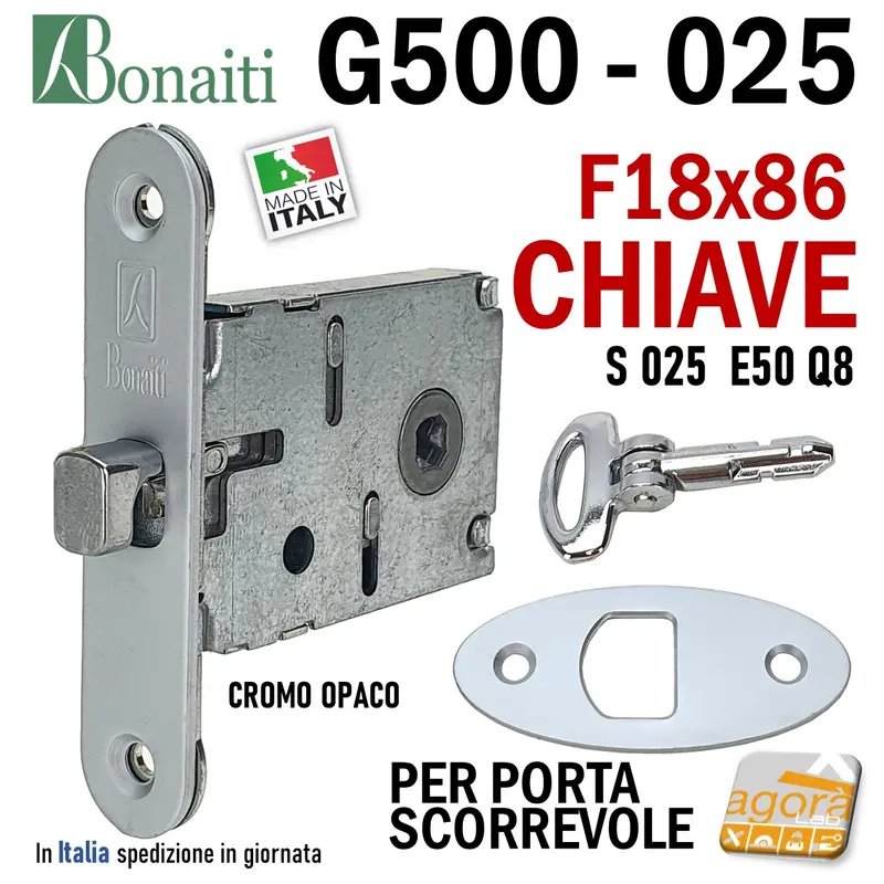 SERRATURA PORTA SCORREVOLE FRONTALE 18x86mm BONAITI 025 G500 CHIAVE SPILLO CROMO OPACO Q8 E50 GANCIO