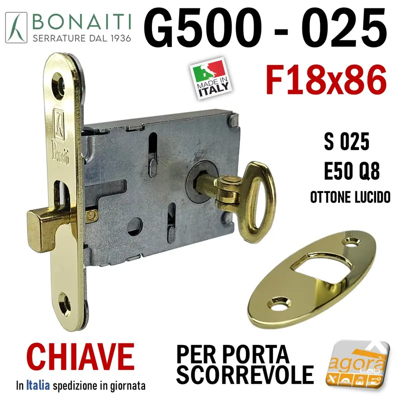 SERRATURA PORTA SCORREVOLE FRONTALE 18x86mm BONAITI 025 G500 CHIAVE SPILLO OTTONE Q8 E50 GANCIO