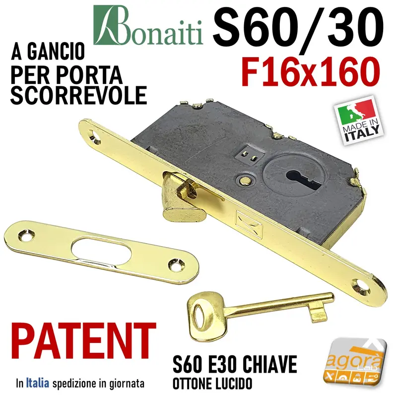SERRATURA PORTA SCORREVOLE GANCIO FRONTALE 16x160mm BONAITI 60/30 OTTONE LUCIDO PATENT +CHIAVE +INCONTRO ENTRATA 30MM